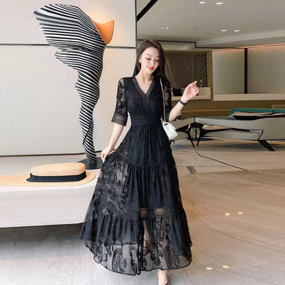 New Elegant And Feminine V-neck Embroidered Silk Long Fairy Skirt