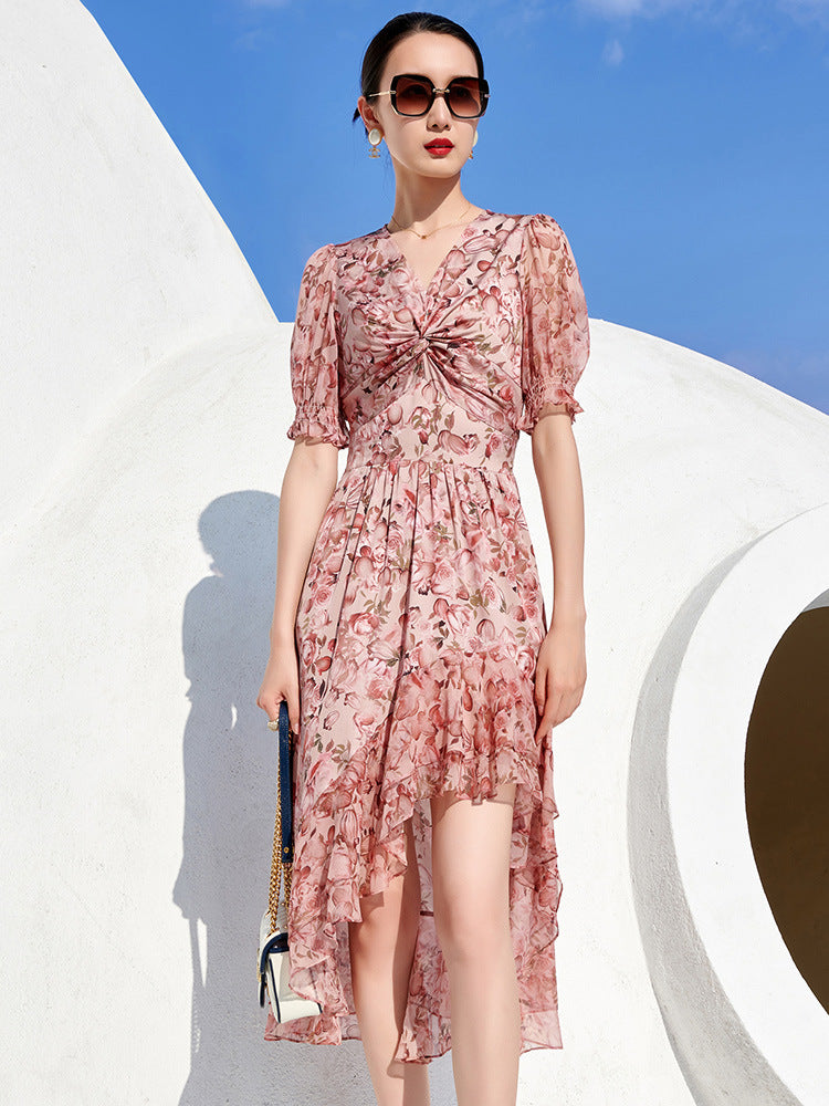 V-Neck Knotted Irregular Floral Silk Skirt