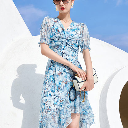 V-Neck Knotted Irregular Floral Silk Skirt