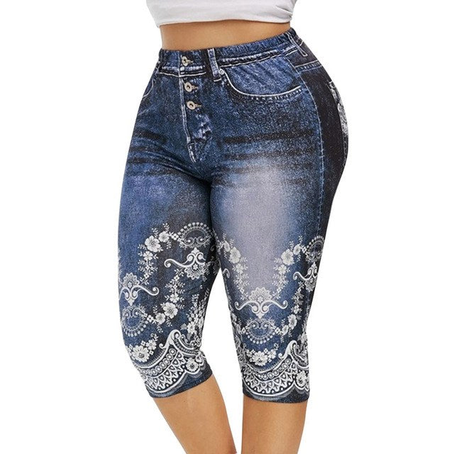 Mid-Calf Denim Print Leggings - Stretch Faux Jeans Capris