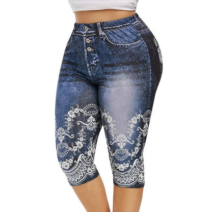 Mid-Calf Denim Print Leggings - Stretch Faux Jeans Capris