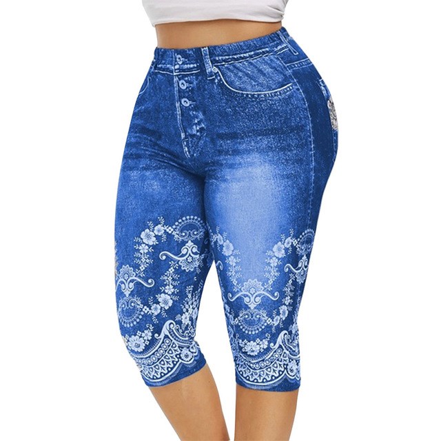 Mid-Calf Denim Print Leggings - Stretch Faux Jeans Capris