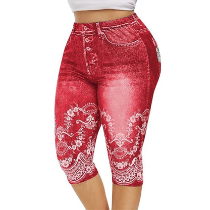 Mid-Calf Denim Print Leggings - Stretch Faux Jeans Capris