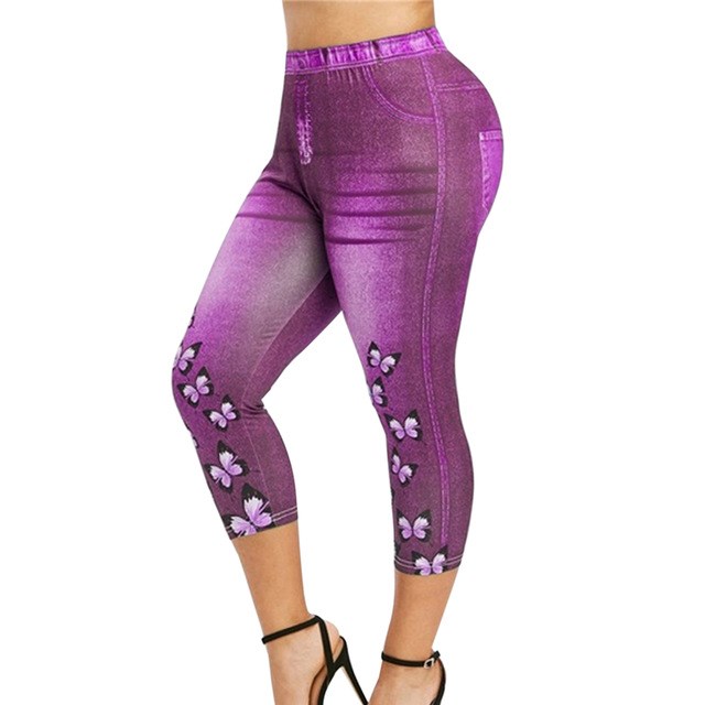 Mid-Calf Denim Print Leggings - Stretch Faux Jeans Capris
