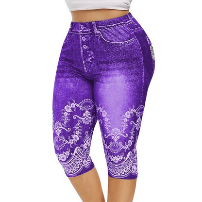 Mid-Calf Denim Print Leggings - Stretch Faux Jeans Capris