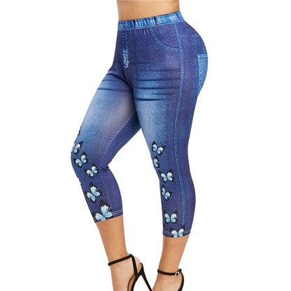 Mid-Calf Denim Print Leggings - Stretch Faux Jeans Capris