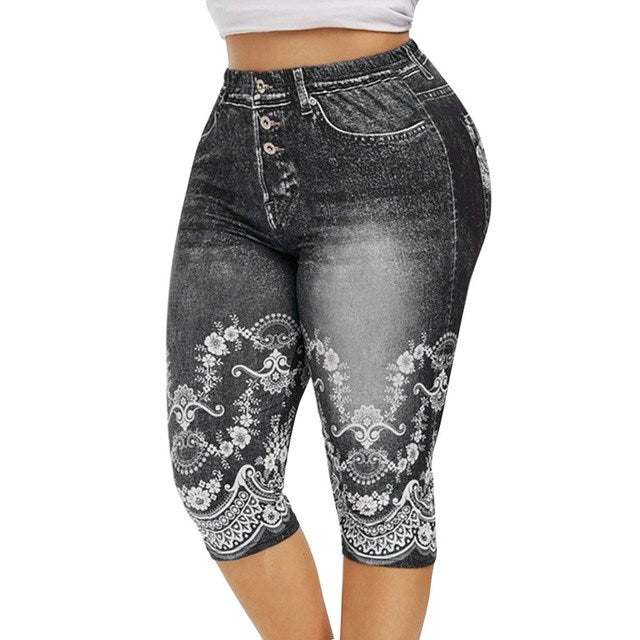 Mid-Calf Denim Print Leggings - Stretch Faux Jeans Capris