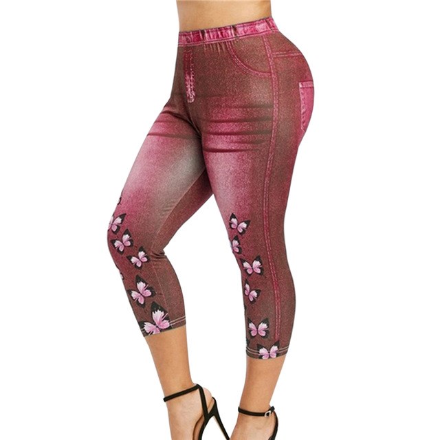 Mid-Calf Denim Print Leggings - Stretch Faux Jeans Capris
