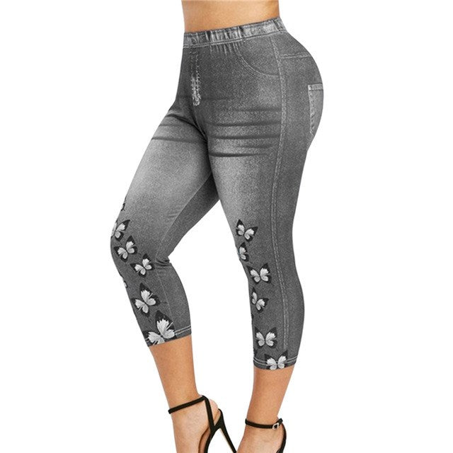 Mid-Calf Denim Print Leggings - Stretch Faux Jeans Capris