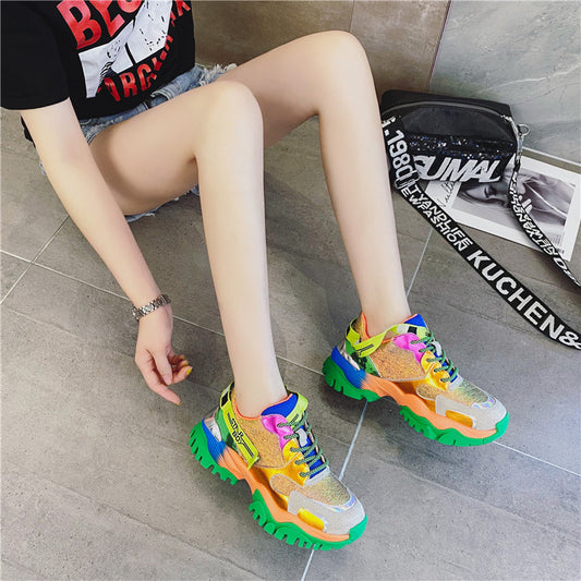 Women's Leather Chunky Sneakers | Bovine Split Leather Upper | Mid Heel | Color-Matching | Sizes 35–40 | Gold, Golden Cotton
