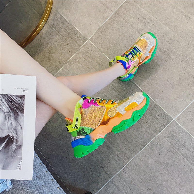 Women's Leather Chunky Sneakers | Bovine Split Leather Upper | Mid Heel | Color-Matching | Sizes 35–40 | Gold, Golden Cotton