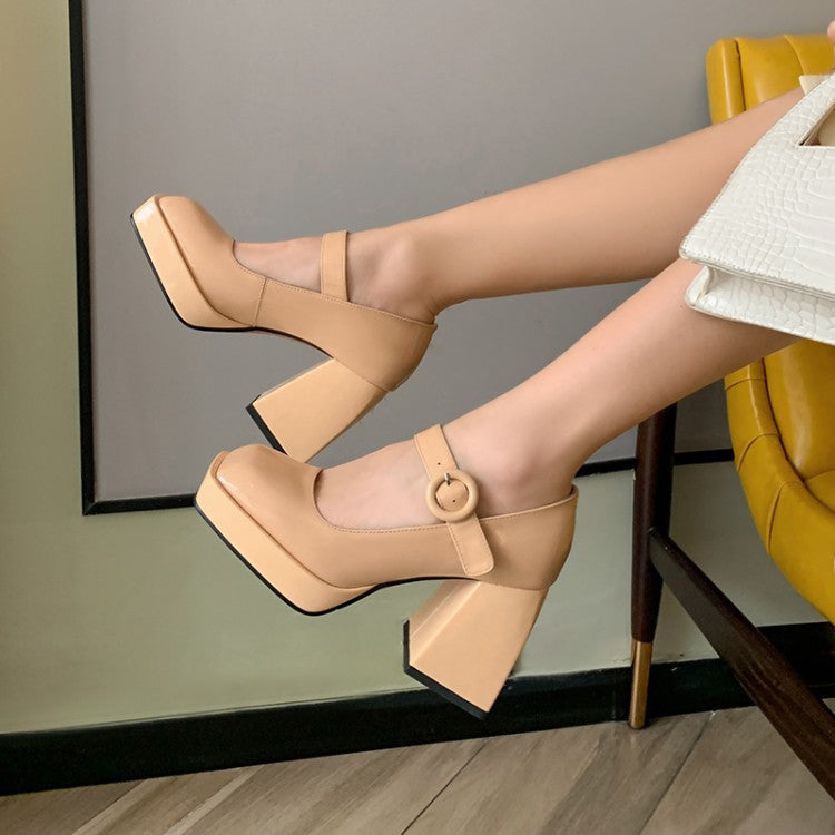 Women's First Layer Cowhide Patent Leather Mary Jane High Heels - Retro Square Toe with Buckle Strap