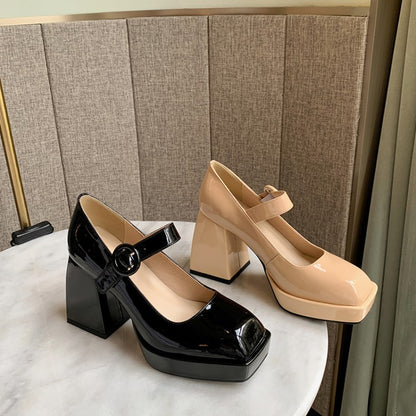 Women's First Layer Cowhide Patent Leather Mary Jane High Heels - Retro Square Toe with Buckle Strap