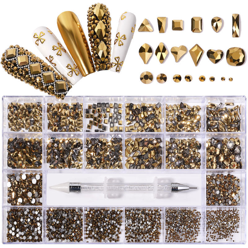 21-Grid Nail Rhinestone Decoration Set - Flat Glass Acrylic Nail Art Jewelry
