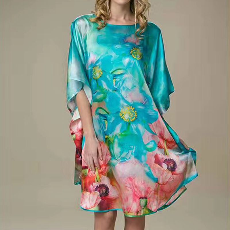 Women's Luxe Silk Bat Sleeve Nightdress - 100% Mulberry Silk Loose Fit Pajama Dress with Inkjet Prints