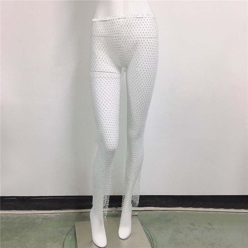 Fishnet Mesh Slit Pants - Rhinestone Stretch Leggings for Women
