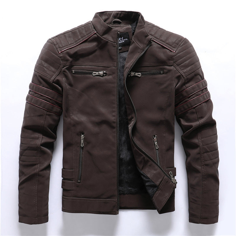 Men's Vintage PU Leather Jacket - Stand Collar Fleece Lined