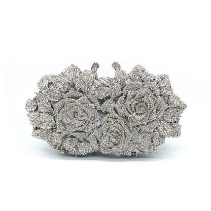 Rose Design Evening Clutch - Crystal Embellished Metal Frame Bag