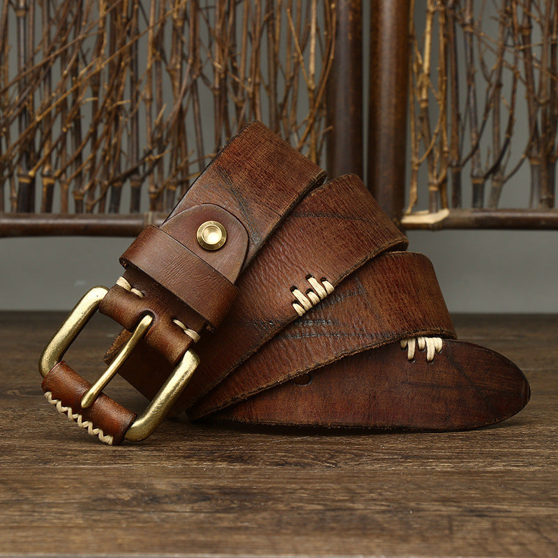 Handmade Retro First Layer Cowhide Leather Belt - Genuine Leather with Copper Pin Buckle