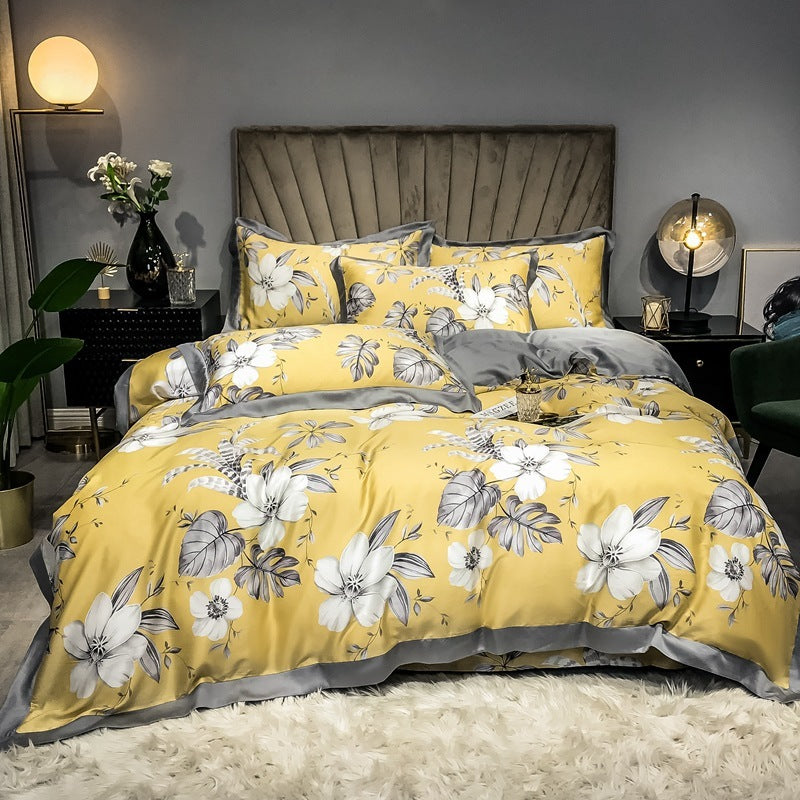 Double-Sided Ice Silk 4-Piece Bedding Set - Tencel Reactive Printed with Quilt Cover, Sheet, and 2 Pillowcases