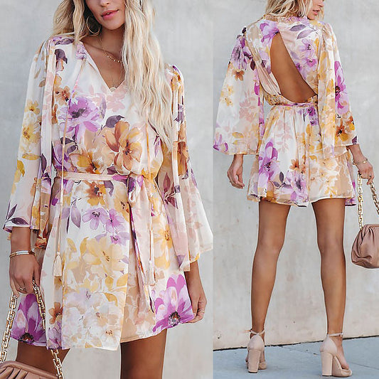 Floral V-Neck Long Sleeve A-Line Dress with Open Back Strap Detail