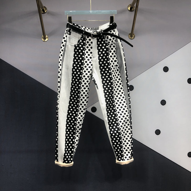Polka Dot Printed Dyed Denim Trousers - Women's Washed Full-Length Jeans