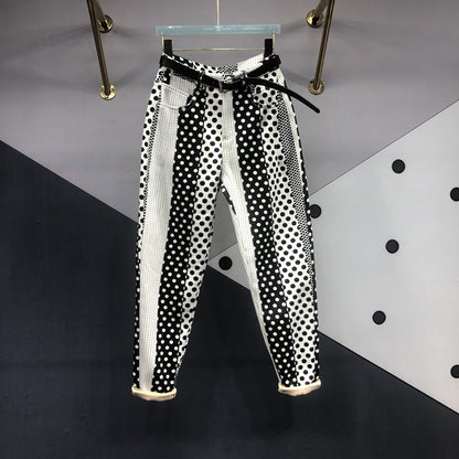 Polka Dot Printed Dyed Denim Trousers - Women's Washed Full-Length Jeans