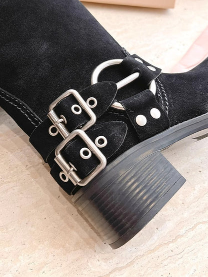 Genuine Leather Cowboy Boots - Vintage Knight Belt Buckle High Tube Boots