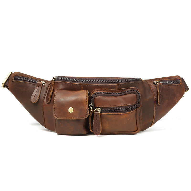 Men's First Layer Cowhide Leather Chest Bag - Retro Crossbody with Multiple Pockets