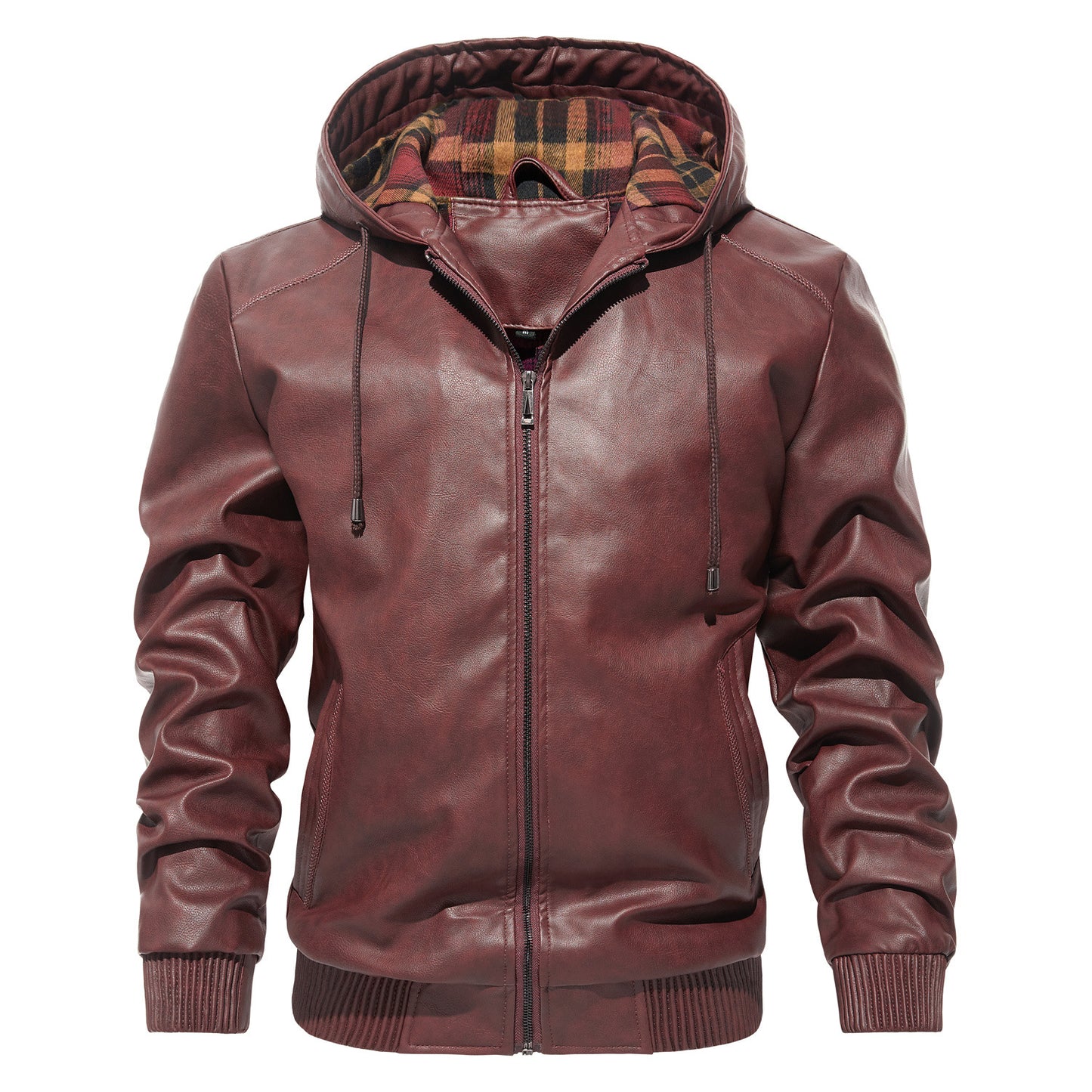 Men's Hooded Leather Jacket - Casual Zip-Up Coat