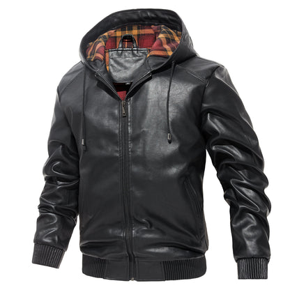 Men's Hooded Leather Jacket - Casual Zip-Up Coat