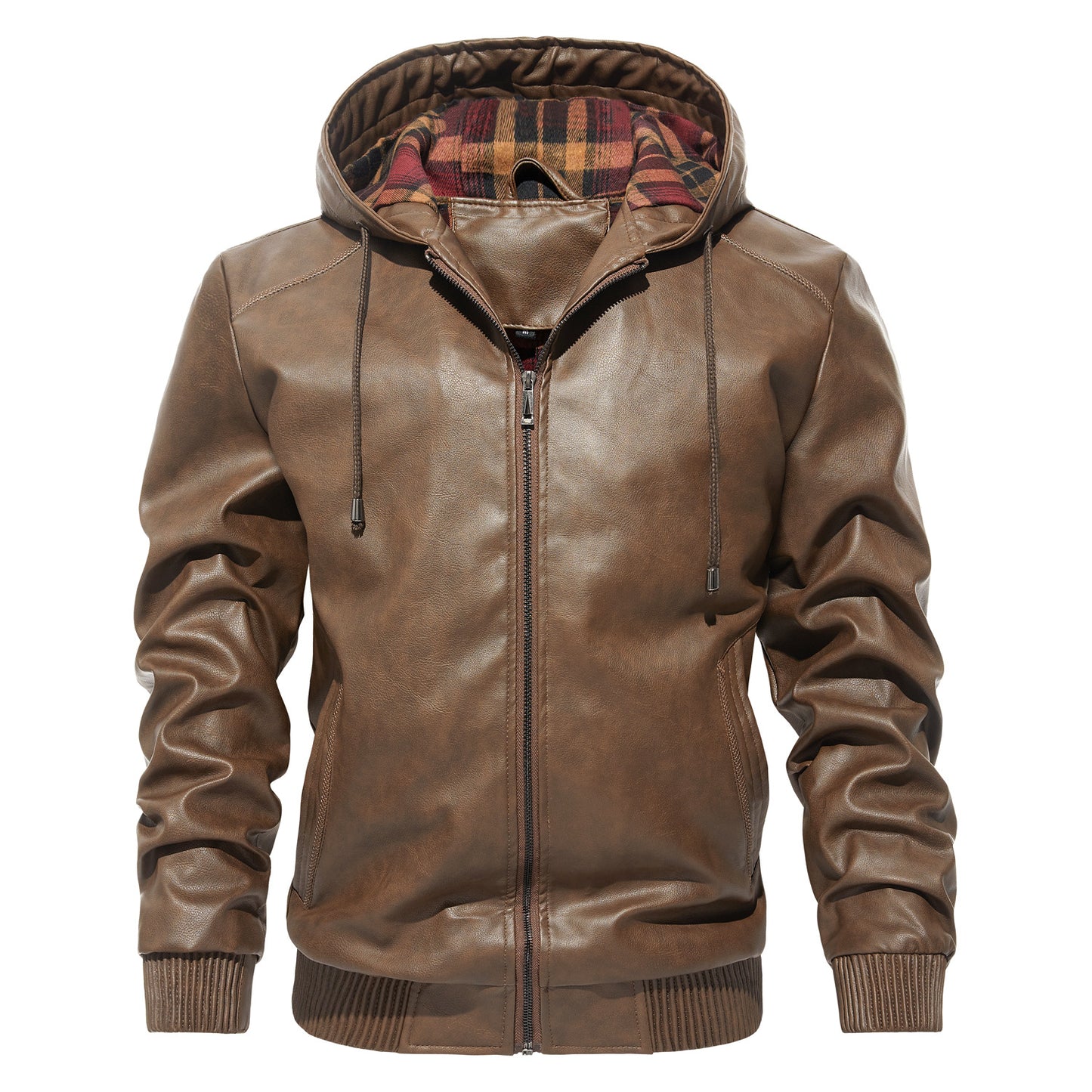 Men's Hooded Leather Jacket - Casual Zip-Up Coat