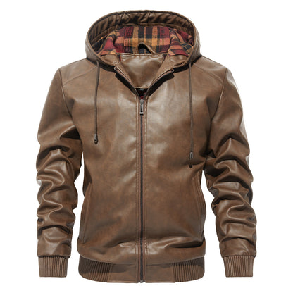 Men's Hooded Leather Jacket - Casual Zip-Up Coat