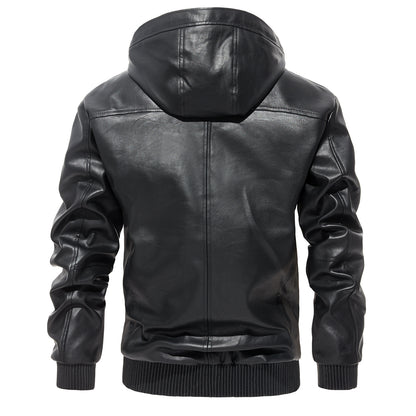 Men's Hooded Leather Jacket - Casual Zip-Up Coat