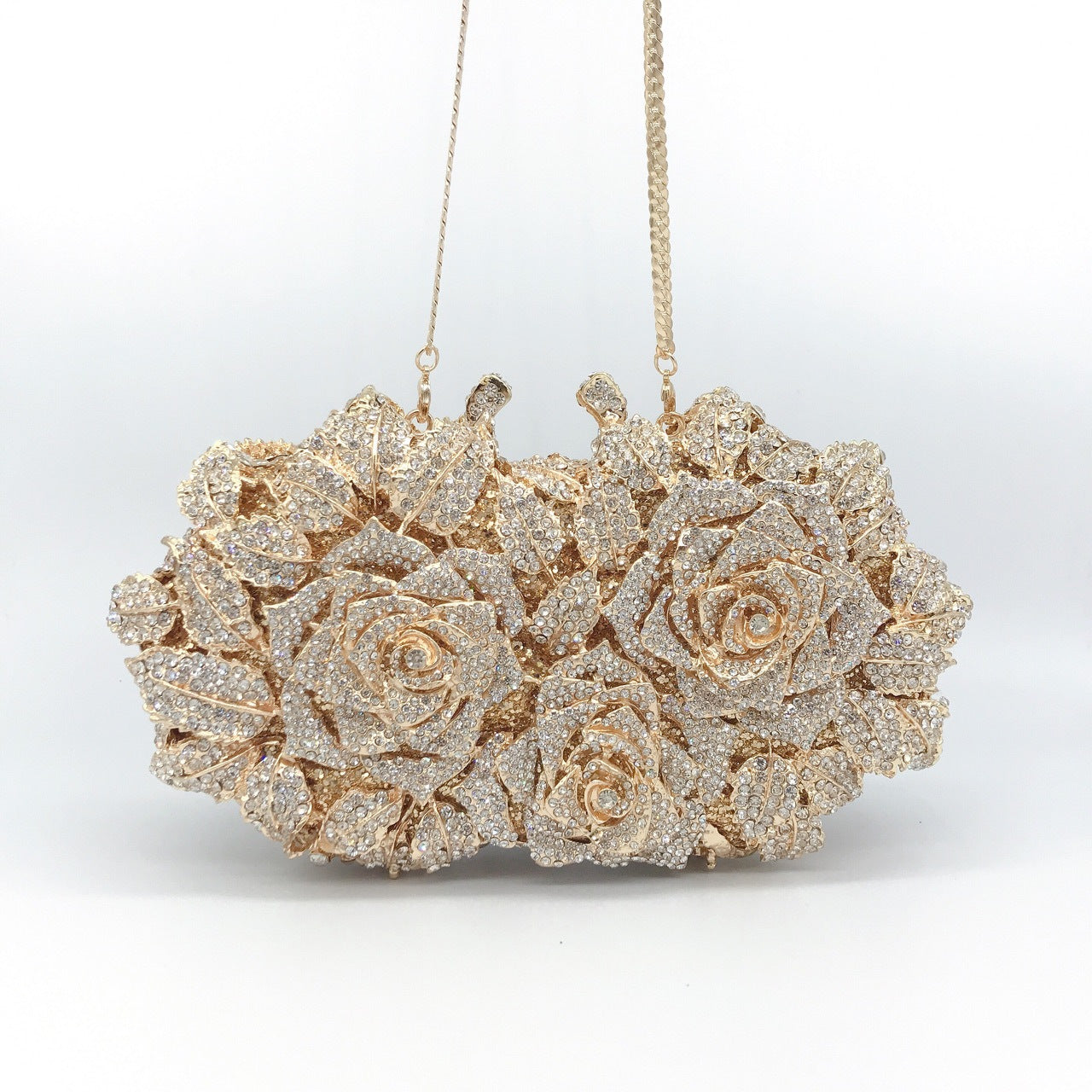 Rose Design Evening Clutch - Crystal Embellished Metal Frame Bag