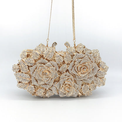 Rose Design Evening Clutch - Crystal Embellished Metal Frame Bag