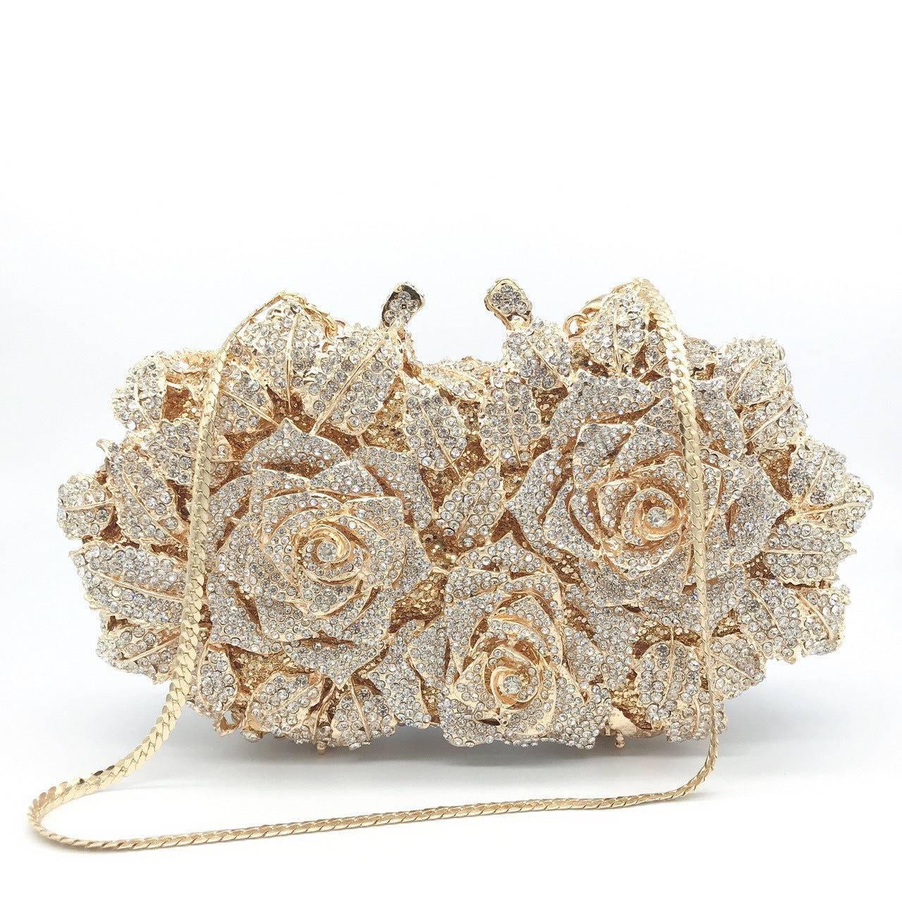Rose Design Evening Clutch - Crystal Embellished Metal Frame Bag