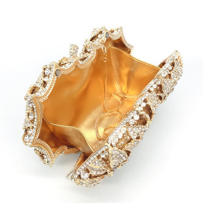 Rose Design Evening Clutch - Crystal Embellished Metal Frame Bag