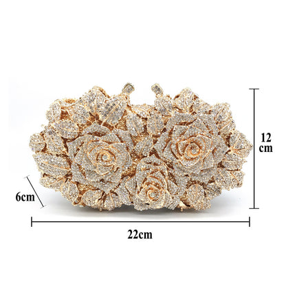 Rose Design Evening Clutch - Crystal Embellished Metal Frame Bag