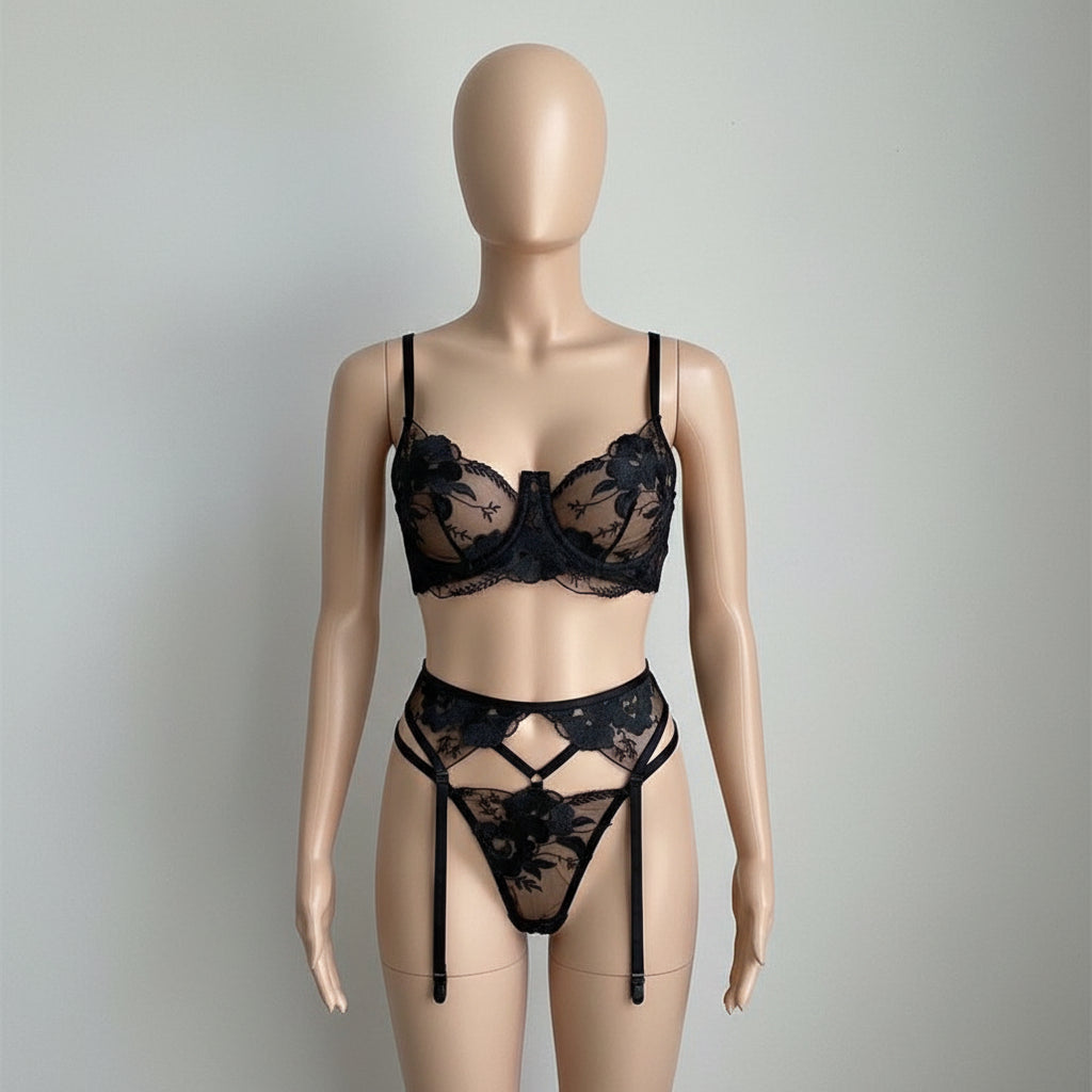 Embroidered Lingerie Set - Three-Piece Underwire Bra Collection