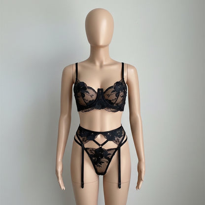 Embroidered Lingerie Set - Three-Piece Underwire Bra Collection