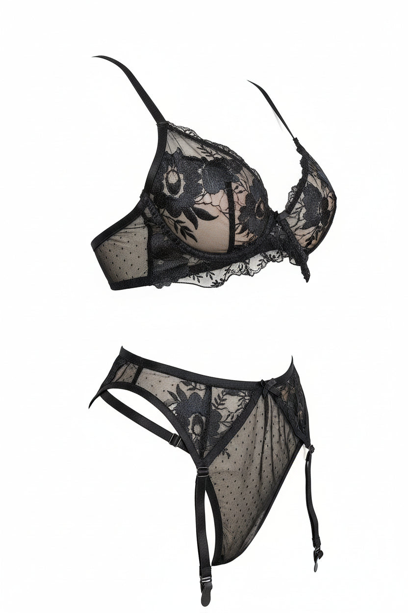 Embroidered Lingerie Set - Three-Piece Underwire Bra Collection