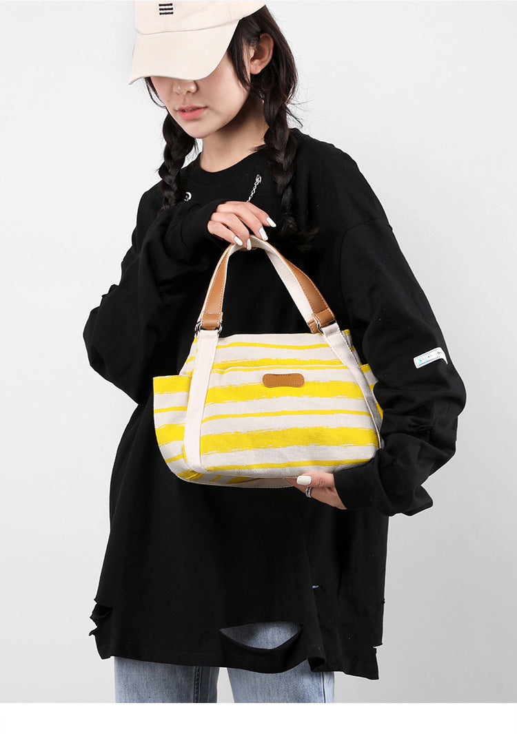 Canvas Striped Shoulder Bag - Large Capacity Handbag