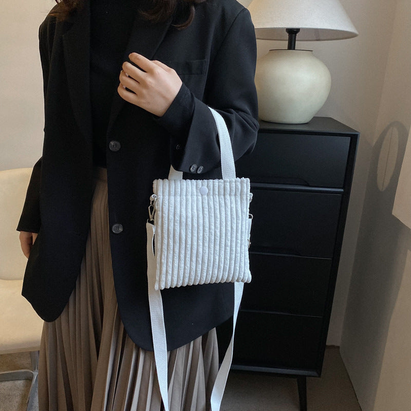 Corduroy Bucket Bag - Solid Color Crossbody Shoulder Bag with 3D Pocket