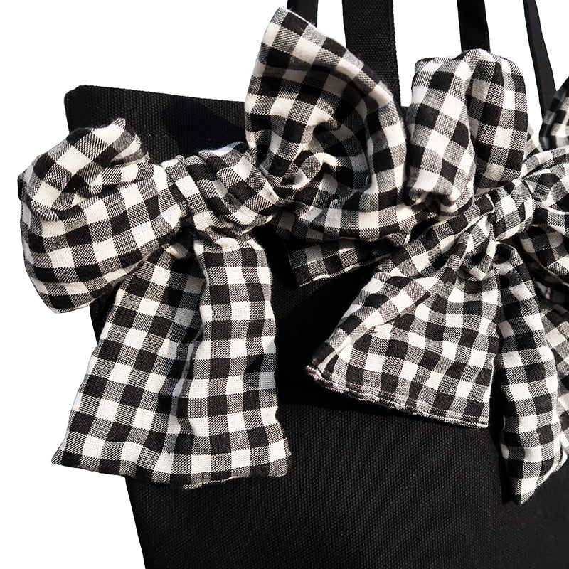 Nylon Plaid Tote Bag - Large Capacity Shopping Bag with Bow Detail