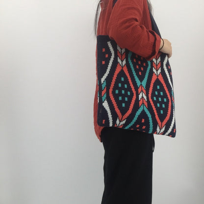 Striped Woven Tote Bag - Large Capacity Polyester Shoulder Bag