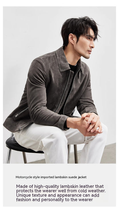 Genuine Sheepskin Suede Leather Jacket - Men's Lambskin Lapel Biker Jacket