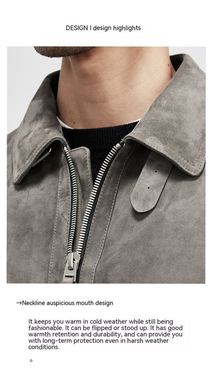Genuine Sheepskin Suede Leather Jacket - Men's Lambskin Lapel Biker Jacket