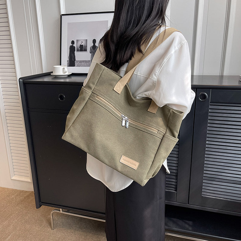 Canvas Tote Bag - Contrast Color Shoulder Handbag with Pockets