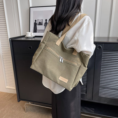 Canvas Tote Bag - Contrast Color Shoulder Handbag with Pockets